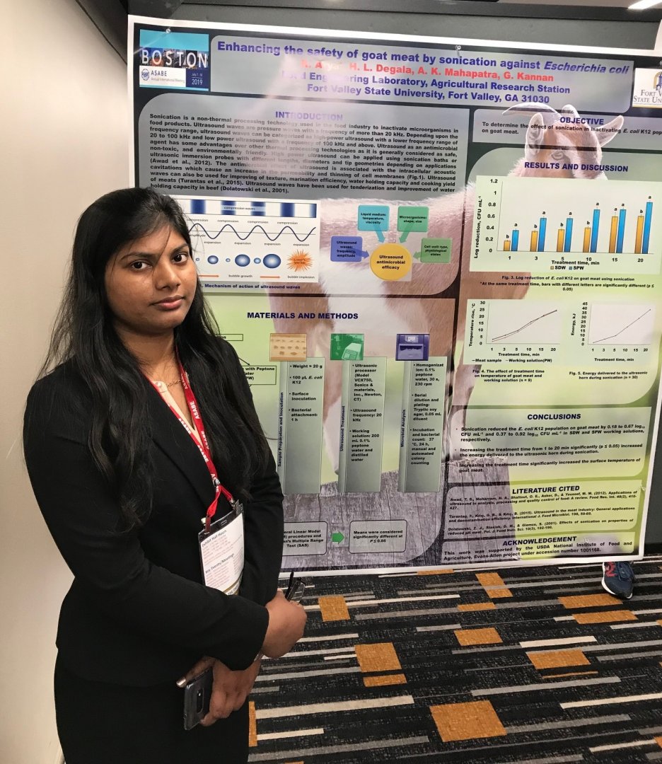 Richa Arya, a Fort Valley State University Master of Science in biotechnology alumna, presents her research on goat meat at the American Society of Agricultural and Biological Engineers (ASABE) annual meeting in Boston, Massachusetts.