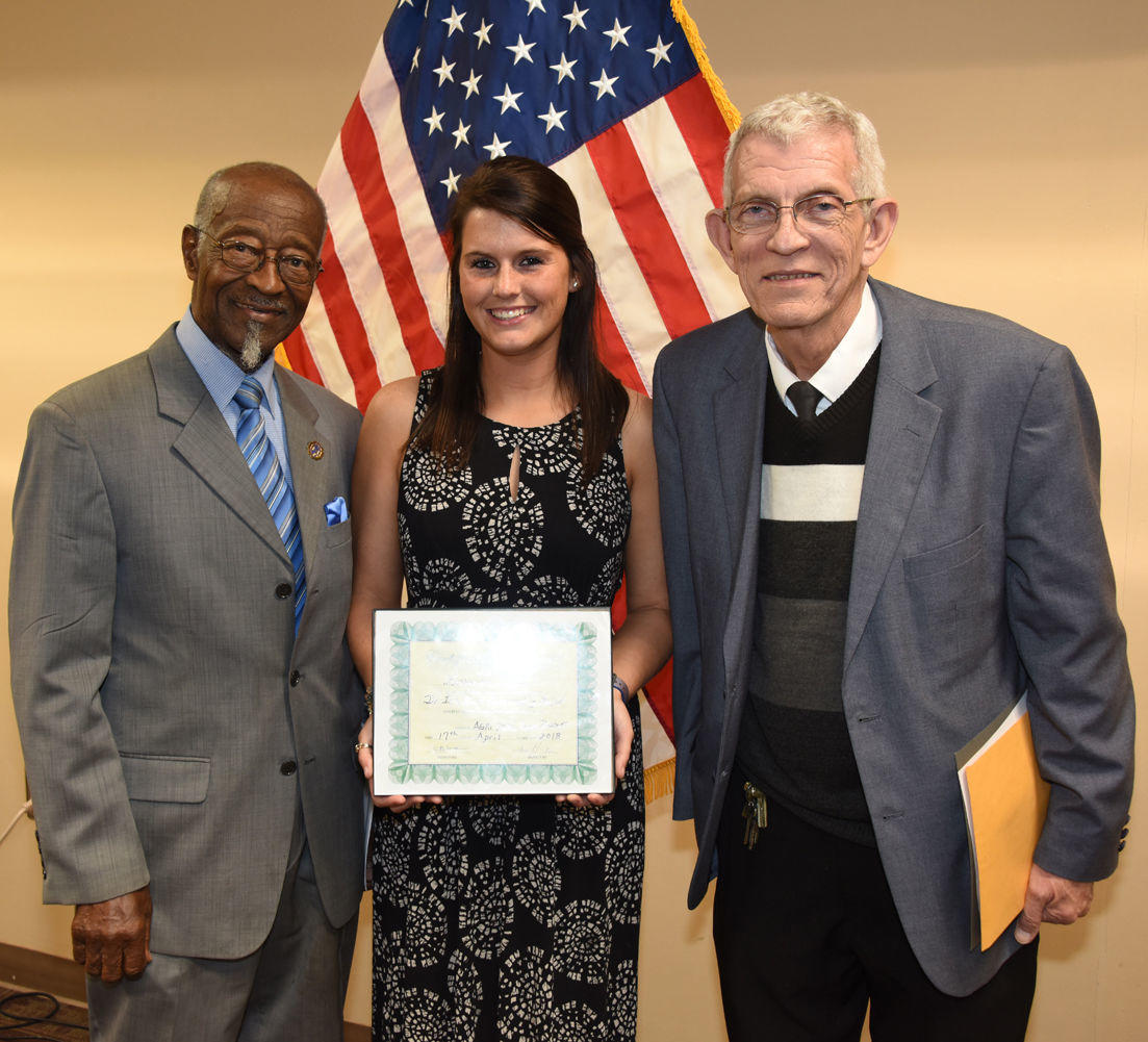 (Left) Dr. Ira Hicks, retired professor of agricultural education at Fort Valley State University and (right), Dr. Curtis Borne, a FVSU professor of agricultural education congratulate Katherine Royal (Center) a senior agricultural education major for earning the Ira Hicks Agricultural Education Award at the annual Agri-Demic Forum on April 17.