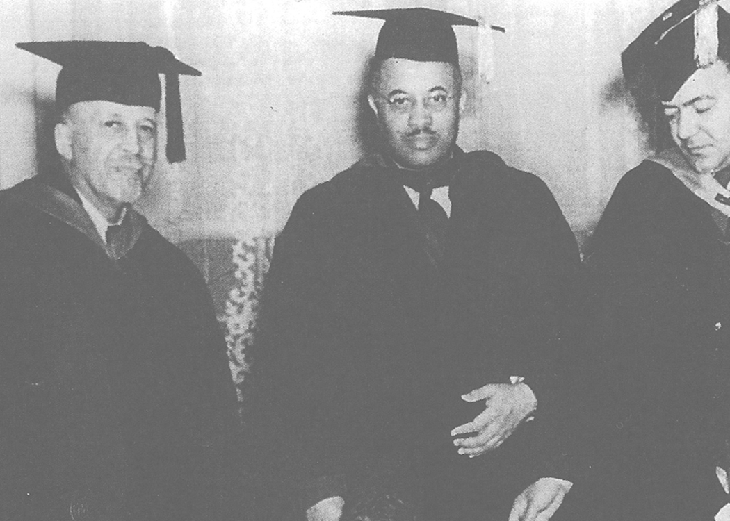 Dr. W.E.B. DuBois speaks at the first Founders Day Convocation in 1940. Pictured here (left) with Dr. Bond (center) and Rufus Clemmons.