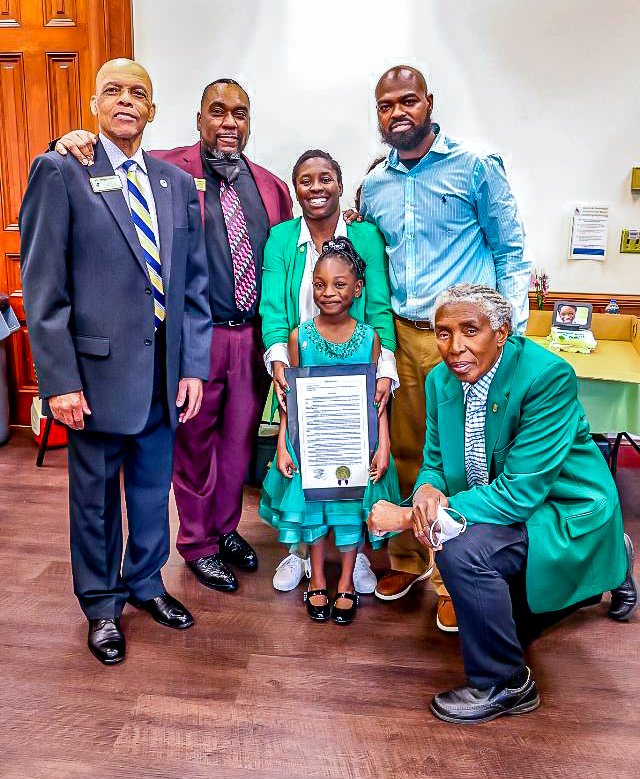 From left, Dr. Ralph Noble, dean of Fort Valley State University’s College of Agriculture, Family Sciences and Technology; Woodie Hughes Jr., assistant Extension administrator state 4-H program leader for FVSU’s Cooperative Extension Program; Quentin and Ursula Johnson; Kendall Rae Johnson; and Sammy White, FVSU’s Cooperative Extension Program 4-H Healthy Living mentor consultant.