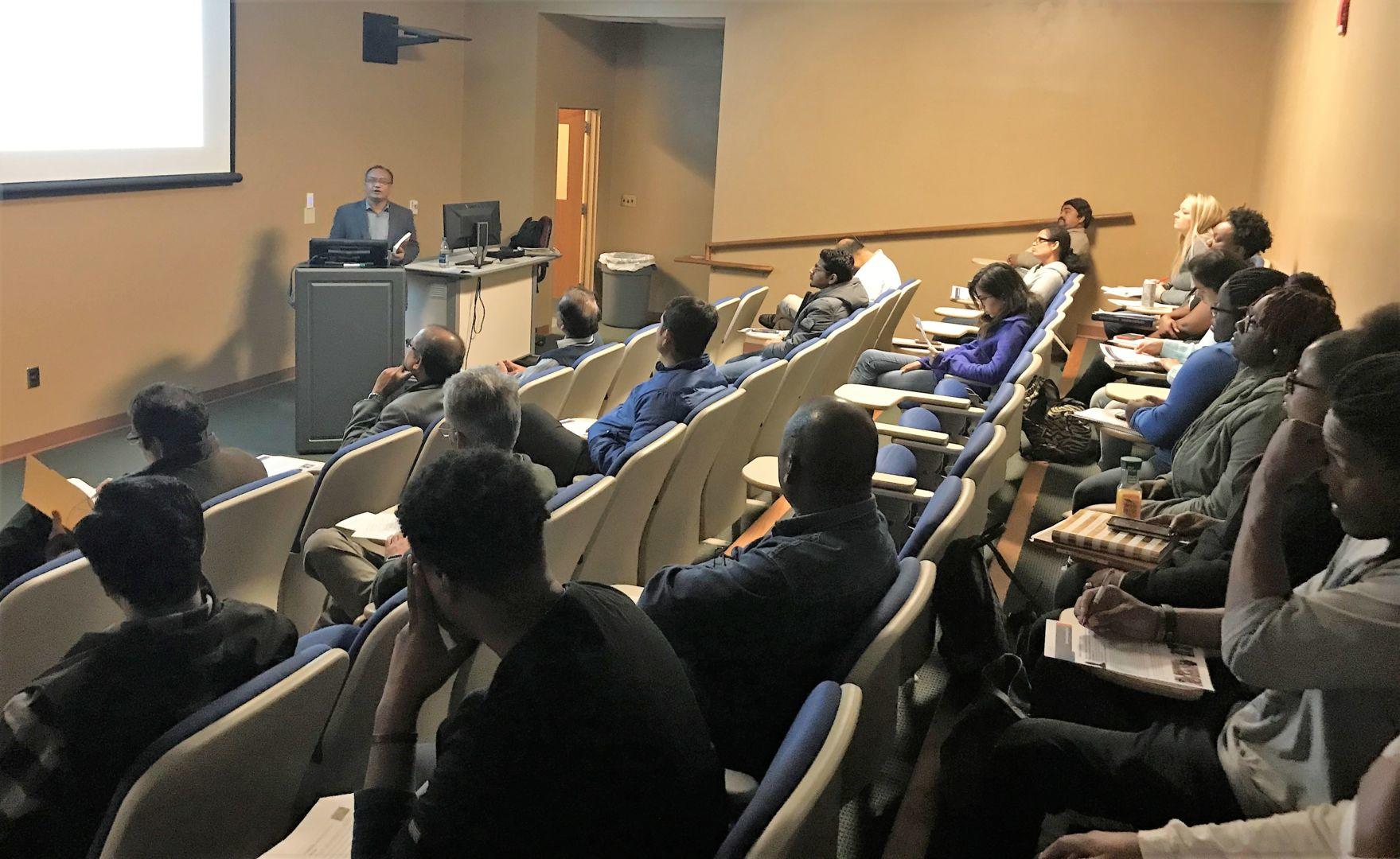 Dr. Purna B. Nepali, a Fulbright visiting scholar from Brandeis University in Waltham, Massachusetts, presents his research to students, faculty and staff at the Stallworth Biotechnology Building during his time at FVSU.