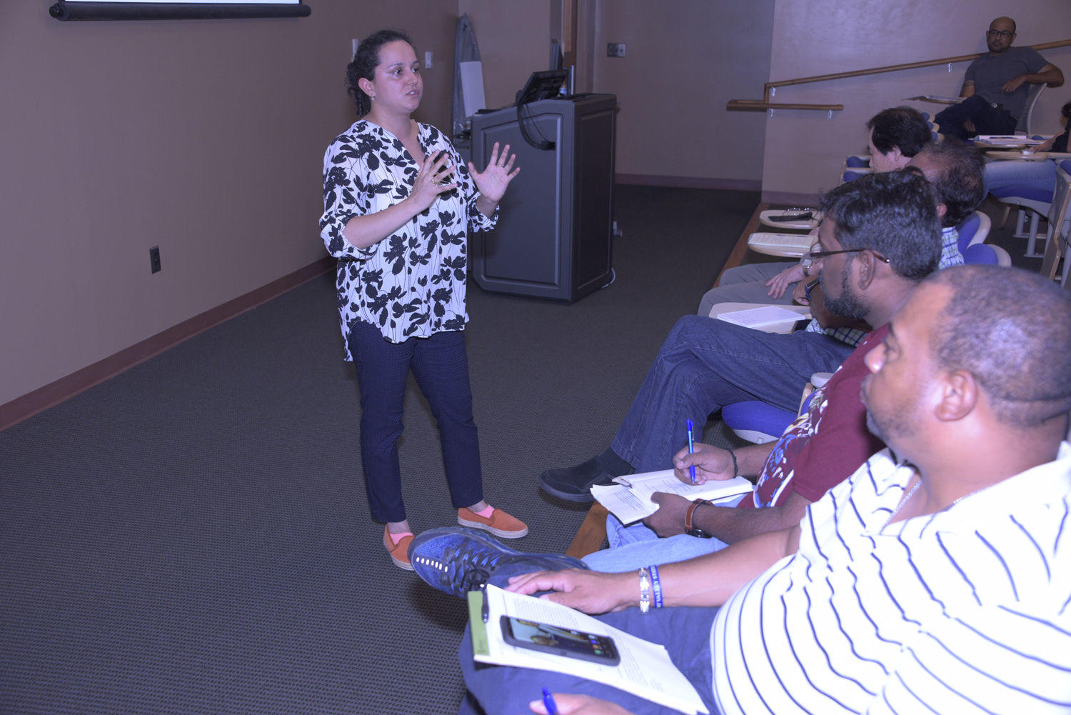 Dr. Prachi Tripathi, a visiting biology professor from the Interamerican University in Puerto Rico, shares her research with Fort Valley State University agricultural research faculty, staff and students in the Stallworth Biotechnology Building auditorium on June 28.