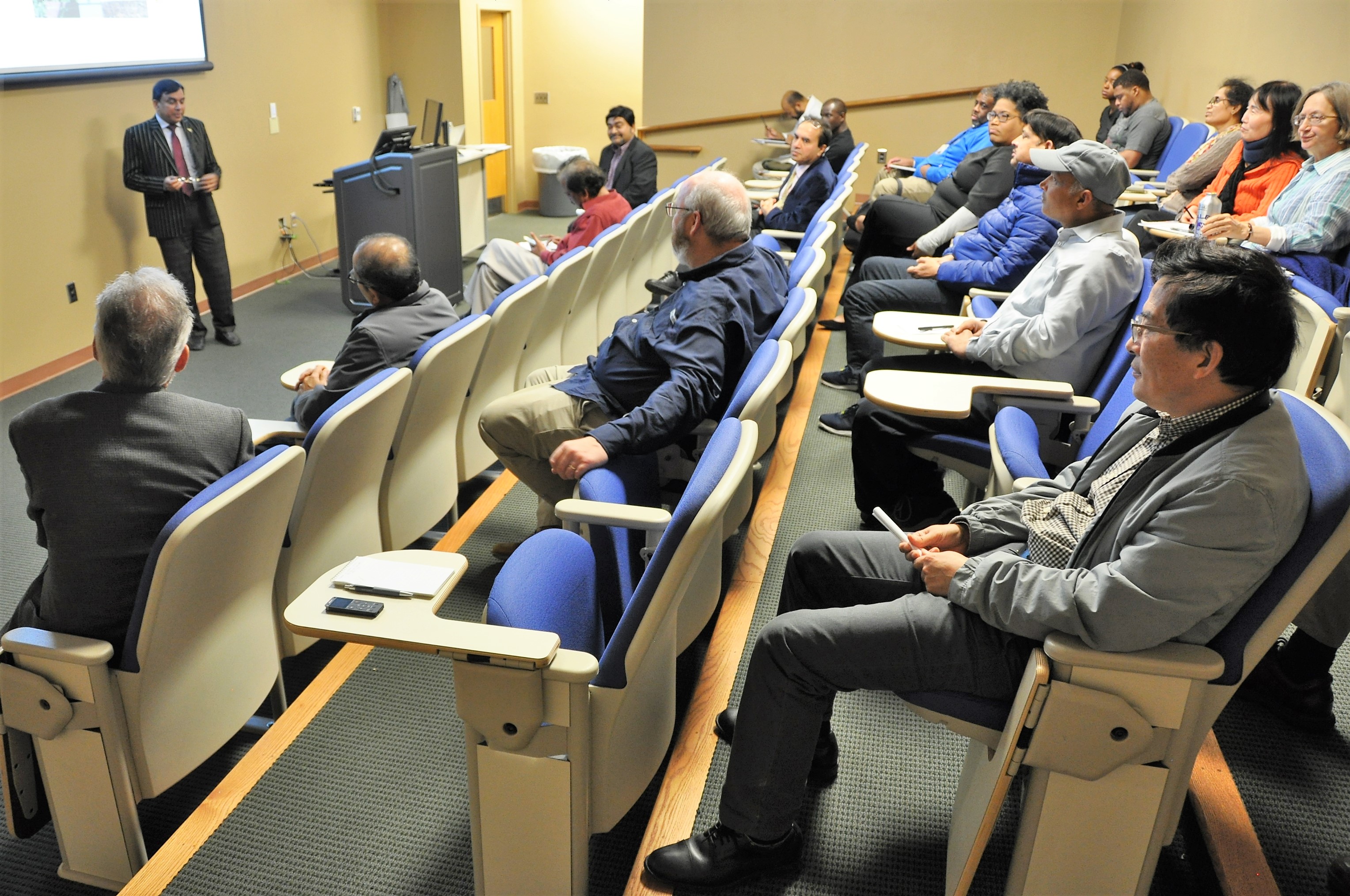 Fulbright scholar Dr. M. Saidur Rahman discusses Bangladesh’s agricultural practices at the Stallworth Biotechnology Building on Fort Valley State University’s campus.