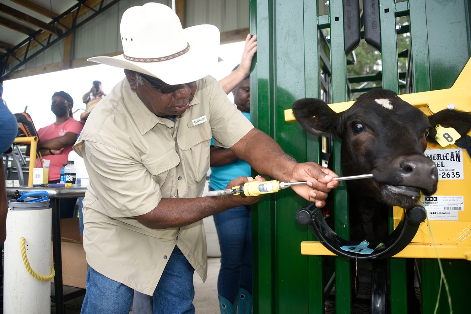 Amos Lawrence, a farmer from Taylor County, deworms a cow during a demonstration at the Beef Quality Assurance (BQA) Certification Training in Cobbtown, Georgia June 19.