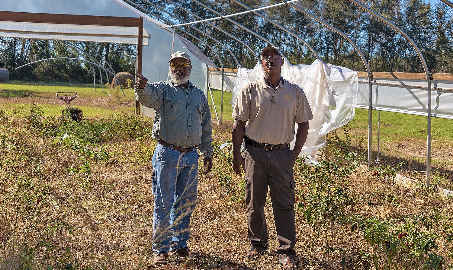 Charlie Grace, FVSU area Extension agent (right) looks over high tunnel hoop house damage suffered by client Alfred Greenlee (left) on his farm in Albany.