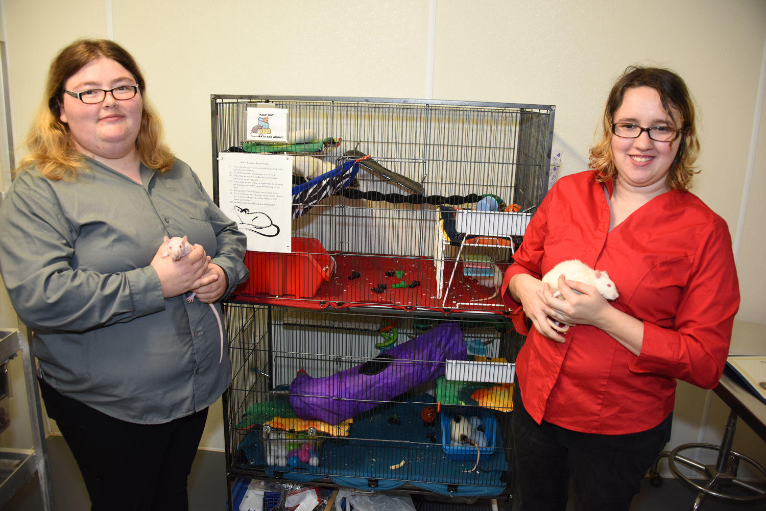 Ashlynn Yack (left) and Ebony Bays (right), junior veterinary technology majors from Byron, with their “Rumpus Room” laboratory rat enrichment center which recently claimed third place honors at the Southeastern Chapter of the American Association of Laboratory Animal Specialist competition in Decatur, Georgia.