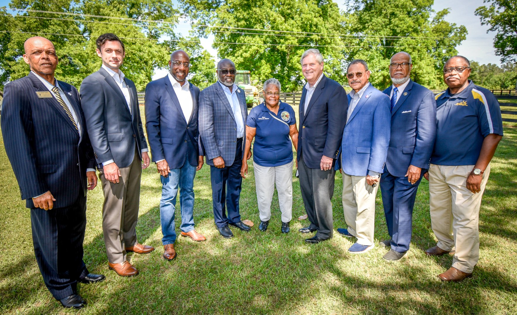 Pictured from left to right: Dr. Ralph Noble (dean of Fort Valley State University’s College of Agriculture, Family Sciences and Technology), Sen. Jon Ossoff, Sen. Rev. Raphael Warnock, FVSU President Dr. Paul Jones, Fort Valley Mayor Barbara Williams, U.S. Secretary of Agriculture Tom Vilsack, Congressman Sanford Bishop, Rep. Calvin Smyre and FVSU Extension Administrator Dr. Mark Latimore.