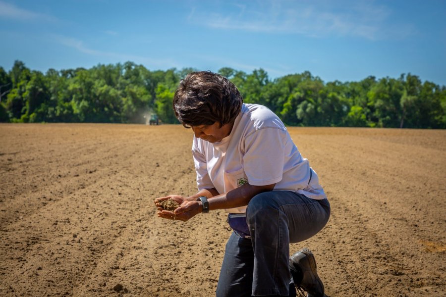Peanut farmer Charlie Backey observes her soil before planting.