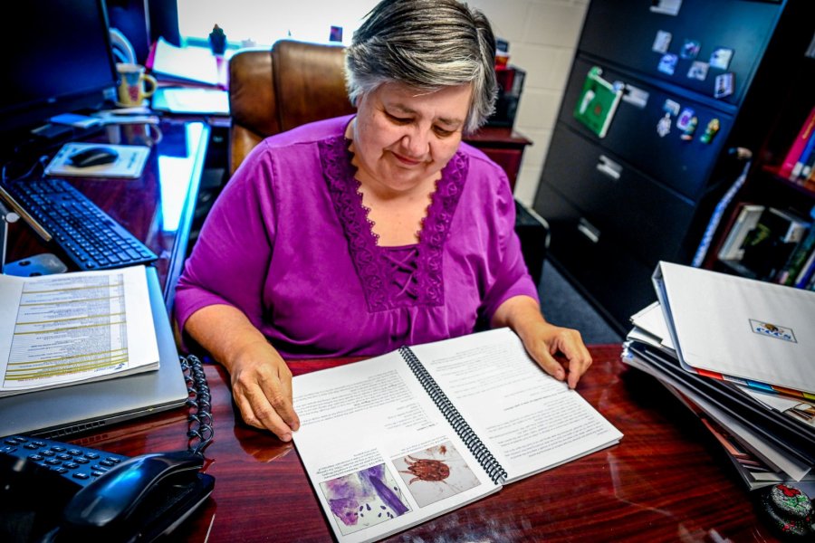 Samples flips through the 20-chapter “Laboratory Manual for Clinical Veterinary Technology.”