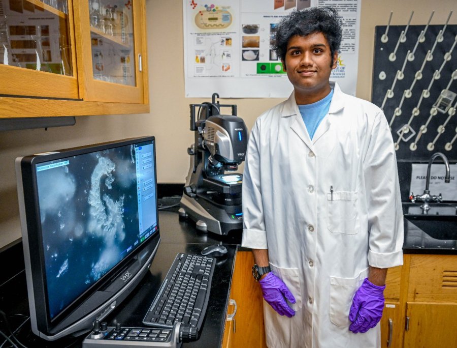 Houston County High School student Vageesh Degala uses nanotechnology to produce a value-added product from biomass waste material in Fort Valley State University’s Nanotechnology Laboratory.