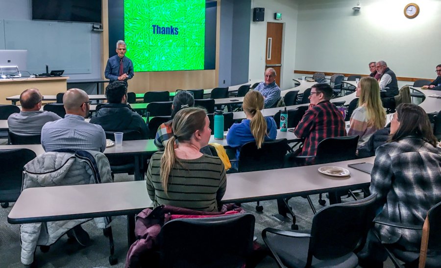 Dr. Mahipal Singh, a Fort Valley State University professor of animal science and biotechnology, presents research to graduate students and faculty at Utah State University.