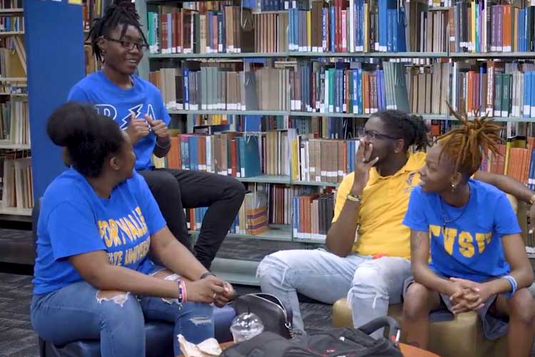 Student gathered in Library